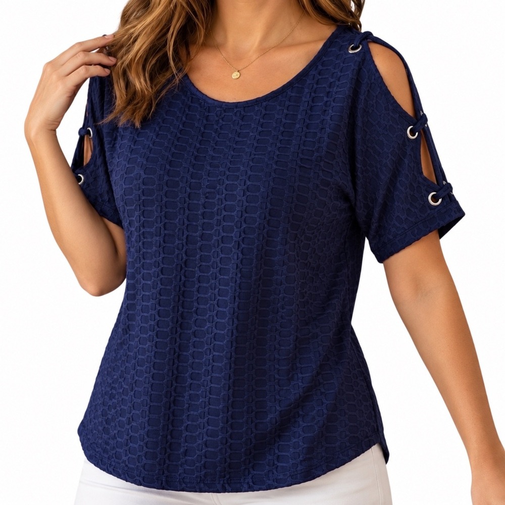 Notations Large Navy Blue w/ Sleeve Grommet Cold Shoulder Bubble Knit